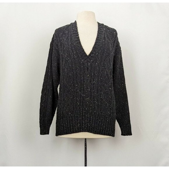 Vintage 90s Sweater Dark Gray Chunky V-Neck Oversize Cable Knit Misses Size M - Picture 1 of 8